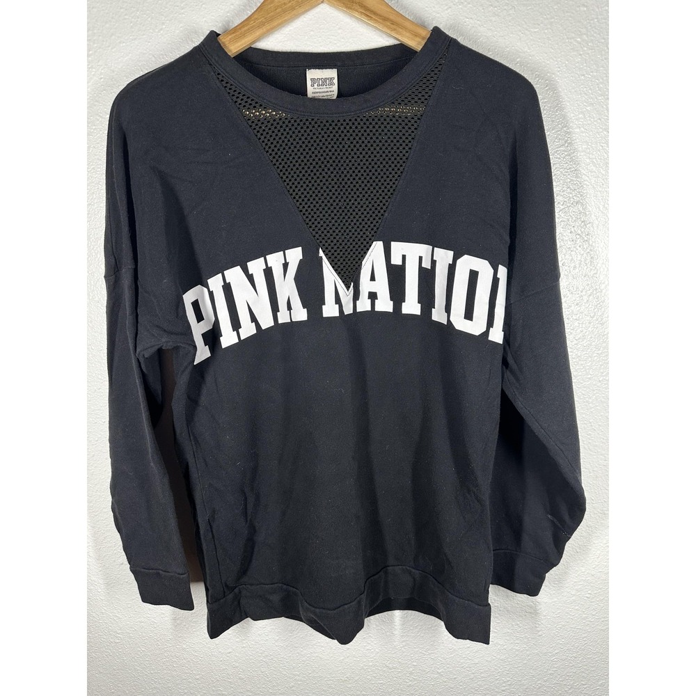 PINK‎ Victoria's Secret Sweatshirt Womens XS Black PINK Nation Mesh V Crewneck